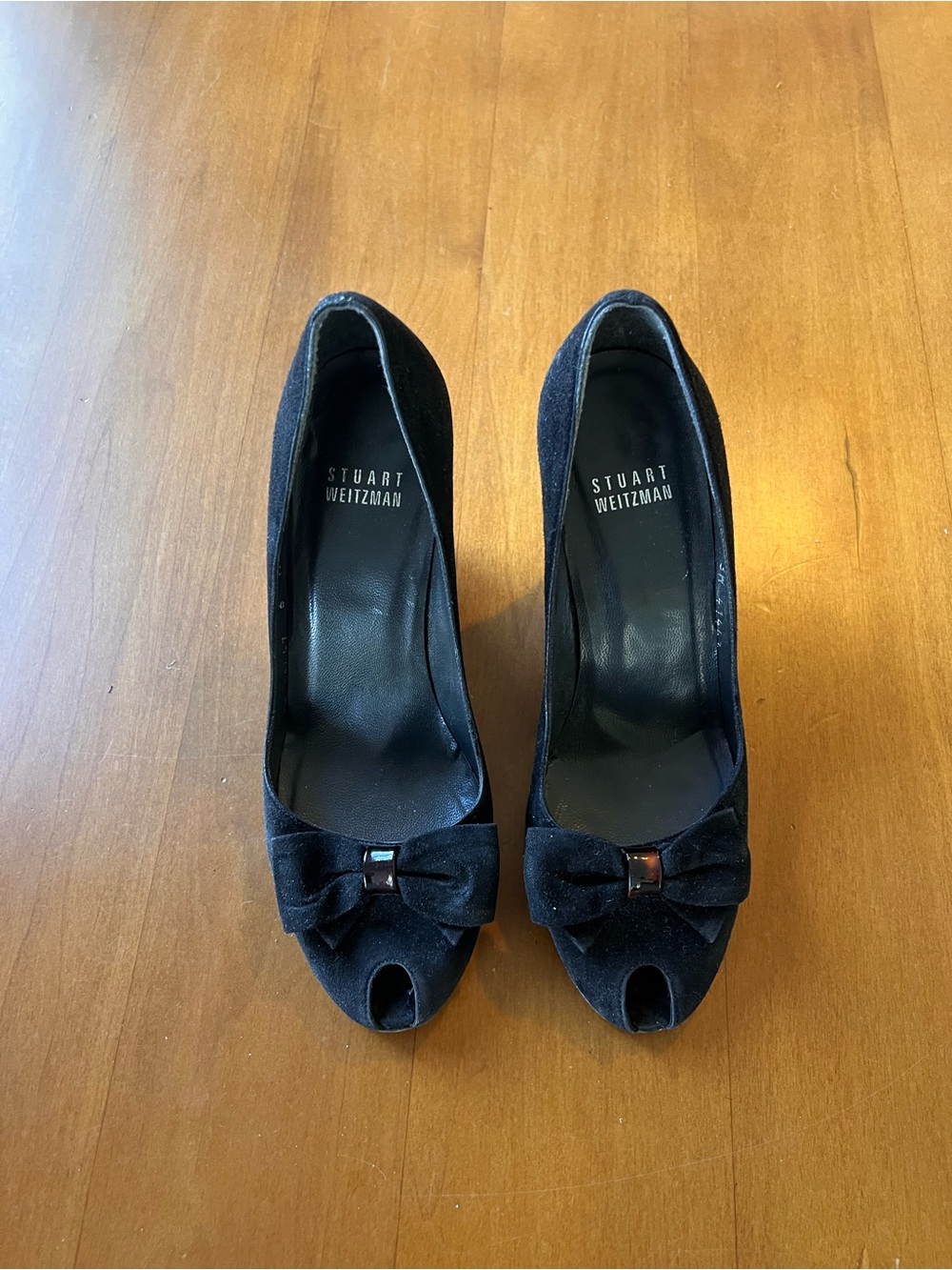Stuart Weitzman Black Suede Peep-Toe Heels with Bow Accent